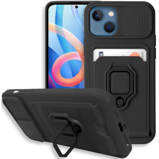 Bodycell Multifunction - Ανθεκτική Θήκη Apple iPhone 13 με Λουράκι Λαιμού / Κάλυμμα Κάμερας / Ring Holder / Υποδοχή Κάρτας - Black (5206015004667)