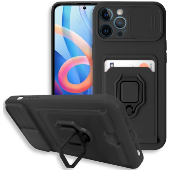Bodycell Multifunction - Ανθεκτική Θήκη Apple iPhone 12 Pro Max με Λουράκι Λαιμού / Κάλυμμα Κάμερας / Ring Holder / Υποδοχή Κάρτας - Black (5206015003554)