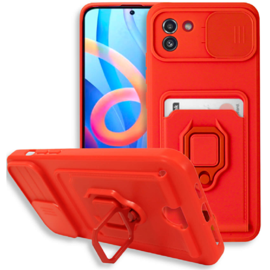 Bodycell Multifunction - Ανθεκτική Θήκη Samsung Galaxy A03 με Λουράκι Λαιμού / Κάλυμμα Κάμερας / Ring Holder / Υποδοχή Κάρτας - Red (5206015014628)