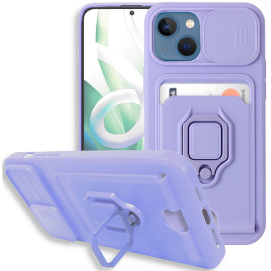 Bodycell Multifunction - Ανθεκτική Θήκη Apple iPhone 13 με Λουράκι Λαιμού / Κάλυμμα Κάμερας / Ring Holder / Υποδοχή Κάρτας - Purple (5206015004681)