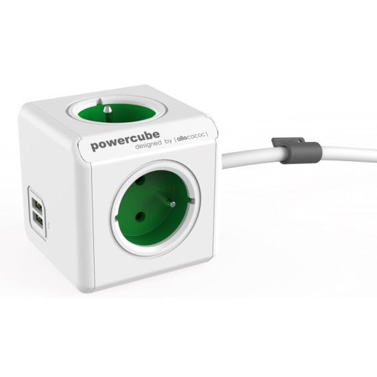 Allocacoc PowerCube Extended USB - Πολύπριζο με 4 Υποδοχές 3680W & Καλώδιο 150cm - 2 x USB-A - 10.5W - Kelly Green - 2 Έτη Εγγύηση (1406GN/DEEUPC)