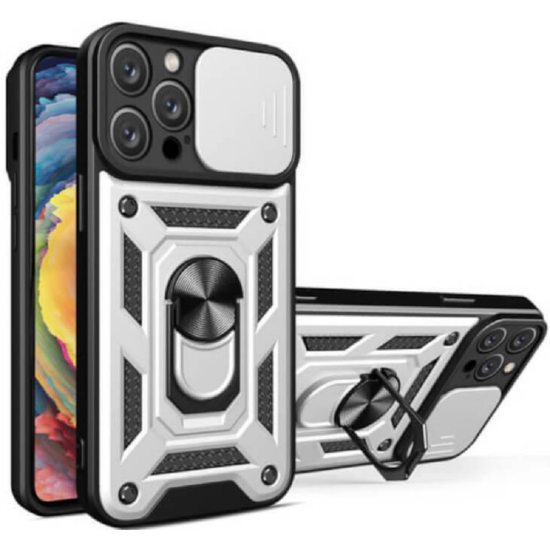 Bodycell Armor Slide - Ανθεκτική Θήκη Apple iPhone 14 Pro με Κάλυμμα για την Κάμερα & Μεταλλικό Ring Holder - Silver (5206015018961)