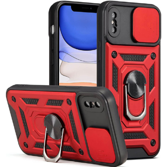 Bodycell Armor Slide - Ανθεκτική Θήκη Apple iPhone XS Max με Κάλυμμα για την Κάμερα & Μεταλλικό Ring Holder - Red (5206015014062)
