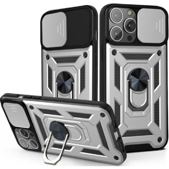 Bodycell Armor Slide - Ανθεκτική Θήκη Apple iPhone 13 Pro με Κάλυμμα για την Κάμερα & Μεταλλικό Ring Holder - Silver (5206015013829)
