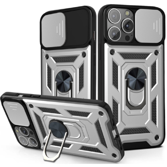 Bodycell Armor Slide - Ανθεκτική Θήκη Apple iPhone 13 Pro Max με Κάλυμμα για την Κάμερα & Μεταλλικό Ring Holder - Silver (5206015013836)
