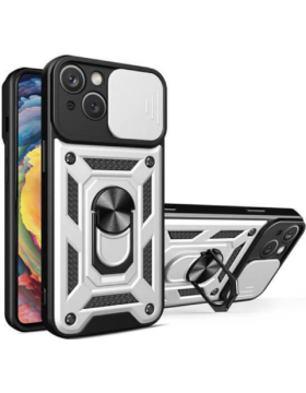 Bodycell Armor Slide - Ανθεκτική Θήκη Apple iPhone 14 με Κάλυμμα για την Κάμερα & Μεταλλικό Ring Holder - Silver (5206015025549)
