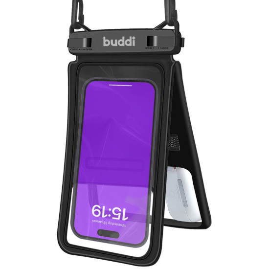 Buddi Universal Waterproof Protective Duo Case - Διπλή Αδιάβροχη Θήκη για Κινητά 15 x 6 cm με Λουράκι Λαιμού - IPX8 - Black - 5 Έτη Εγγύηση (8719246378782)