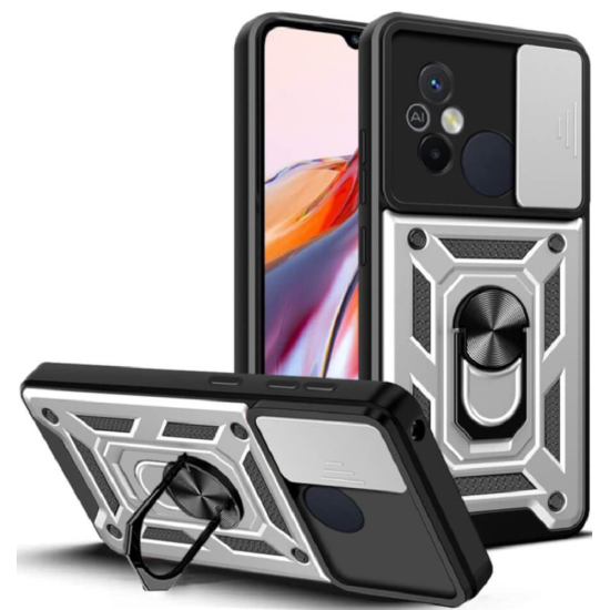 Bodycell Armor Slide - Ανθεκτική Θήκη Xiaomi Redmi 12C με Κάλυμμα για την Κάμερα & Μεταλλικό Ring Holder - Silver (5206015012860)