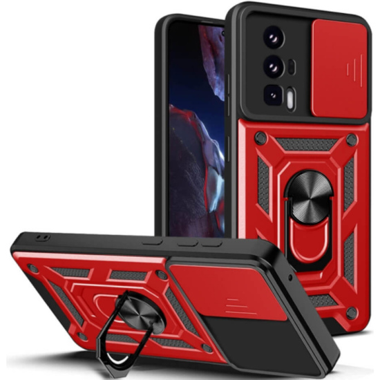 Bodycell Armor Slide - Ανθεκτική Θήκη Xiaomi Poco F5 Pro με Κάλυμμα για την Κάμερα & Μεταλλικό Ring Holder - Red (5206015022609)