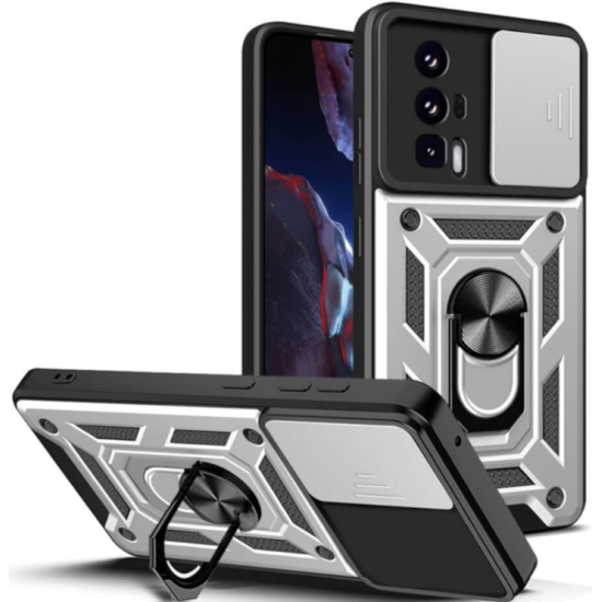 Bodycell Armor Slide - Ανθεκτική Θήκη Xiaomi Poco F5 Pro με Κάλυμμα για την Κάμερα & Μεταλλικό Ring Holder - Silver (5206015022616)