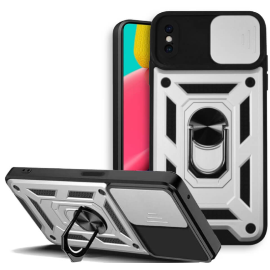 Bodycell Armor Slide - Ανθεκτική Θήκη iPhone XS Max με Κάλυμμα για την Κάμερα & Μεταλλικό Ring Holder - Silver (5206015003127)