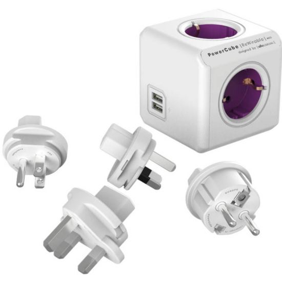 Allocacoc PowerCube Rewirable USB - Πολύπριζο με 4 Υποδοχές Type-F 1500W / 4 Βύσματα US / EU / UK / AU/CN / 2 x USB-A 10.5W - Orchid Purple - 2 Έτη Εγγύηση (1700/DERUPC)