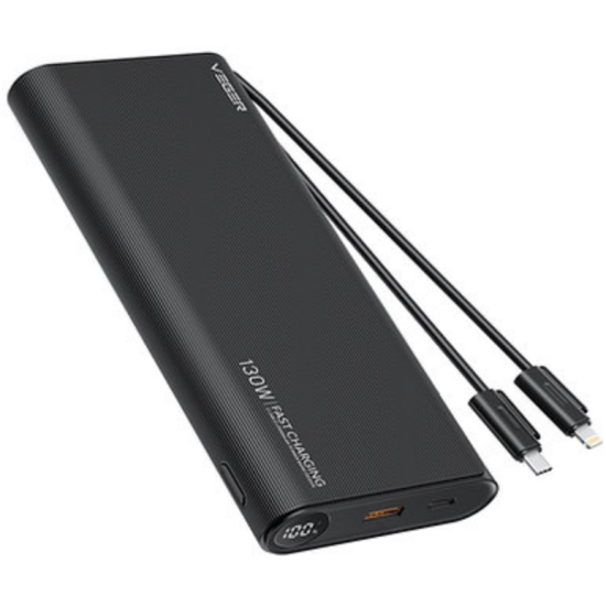 Veger PowerBank TC130 - Φορητή Μπαταρία Φόρτισης με Ενσωματωμένα Καλώδια Type-C & Lightning και 1 x Θύρα USB-A / 1 x Θύρα Type-C - 25000mAh - 130W - Black (W2503)