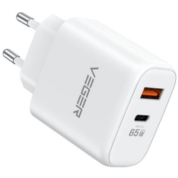 Veger TC650 Fast Charger - Ταχυφορτιστής Ταξιδιού / Αντάπτορας Με 1x Type-C / 1 x USB-A - 65W - White (6970453556802)