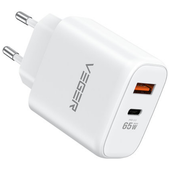 Veger TC650 Fast Charger - Ταχυφορτιστής Ταξιδιού / Αντάπτορας Με 1x Type-C / 1 x USB-A - 65W - White (6970453556802)