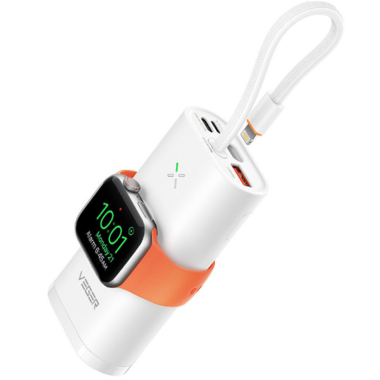 Veger W1162S Mini Fast Charger PowerBank MagFan - Φορητή Μπαταρία Φόρτισης με Kickstand - 10000 mAh με 2 x Type-C / 1 x USB-A - 25W / Ασύρματος Φορτιστής Apple Watch - 2.5W / Καλώδιο Type-C σε Lightning - White (6970453556123)