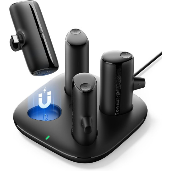 Viyisi G007C Charging Dock with 4 USB-C Portable Chargers - Μαγνητικός Σταθμός Φόρτισης με 4 x PowerBank / Φορητές Μπαταρίες Φόρτισης με Ενσωματωμένο Type-C - 4 x 5000mAh - 20W - Black (5200260000610)