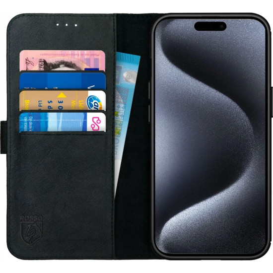 Rosso Deluxe Δερμάτινη Θήκη Πορτοφόλι Apple iPhone 15 Pro Max - Black (8719246401572)