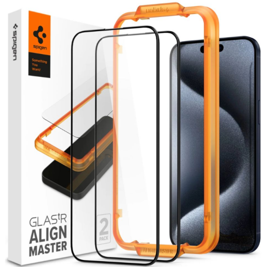 Spigen GLAS.tR ALIGNmaster - Αντιχαρακτικό Fullface Γυάλινο Tempered Glass Apple iPhone 15 Pro - 2 Τεμάχια - Black (AGL06895)