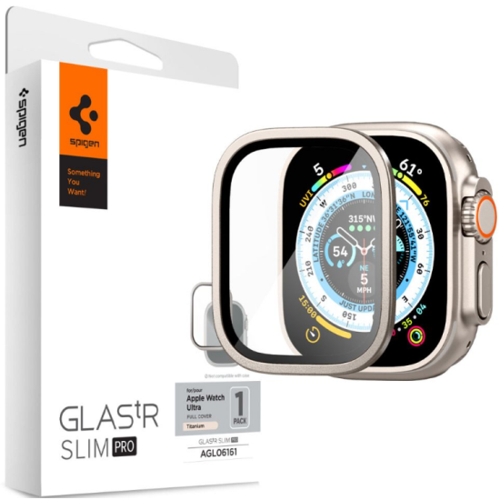 Spigen Tempered Glass GLAS.tR Slim Pro - Full Cover Αντιχαρακτικό Γυαλί Προστασίας Οθόνης με Μεταλλικό Πλαίσιο - Apple Watch Ultra 3 / Ultra 2 / Ultra 1 49mm - Titanium (AGL06161)