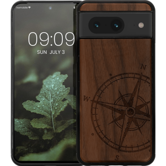 KWmobile Σκληρή Ξύλινη Θήκη με TPU Bumper - Google Pixel 8 - Walnut / Navigational Compass (61875.02)