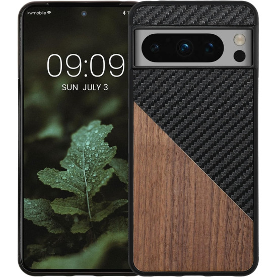 KWmobile Wood and Carbon Fiber - Σκληρή Ξύλινη Θήκη με TPU Bumper και Ανθρακονήματα - Google Pixel 8 Pro - Walnut / Dark Brown / Black (61874.01)