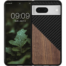 KWmobile Wood and Carbon Fiber - Σκληρή Ξύλινη Θήκη με TPU Bumper και Ανθρακονήματα - Google Pixel 8 - Walnut / Dark Brown / Black (61873.01)
