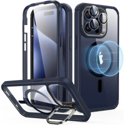 ESR Armor Tough with Stash Stand HaloLock - Ανθεκτική 360° Διάφανη MagSafe Θήκη με Kickstand & Tempered Glass για Φακό Κάμερας - Apple iPhone 15 Pro Max - Clear / Dark Blue (4894240176665)