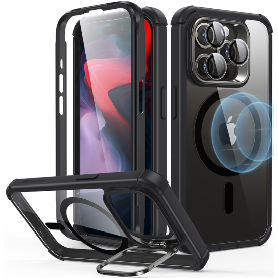 ESR Armor Tough with Stash Stand HaloLock - Ανθεκτική 360° Διάφανη MagSafe Θήκη με Kickstand & Tempered Glass για Φακό Κάμερας - Apple iPhone 15 Pro - Clear / Black (4894240176634)