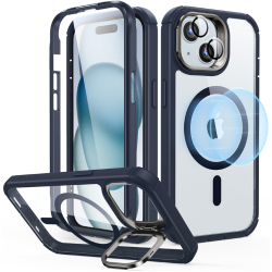 ESR Armor Tough with Stash Stand HaloLock - Ανθεκτική 360° Διάφανη MagSafe Θήκη με Kickstand & Tempered Glass για Φακό Κάμερας - Apple iPhone 15 - Clear / Dark Blue (4894240176603)