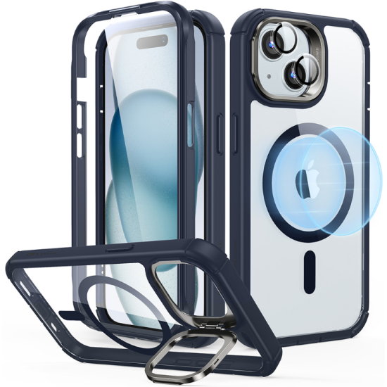 ESR Armor Tough with Stash Stand HaloLock - Ανθεκτική 360° Διάφανη MagSafe Θήκη με Kickstand & Tempered Glass για Φακό Κάμερας - Apple iPhone 15 - Clear / Dark Blue (4894240176603)