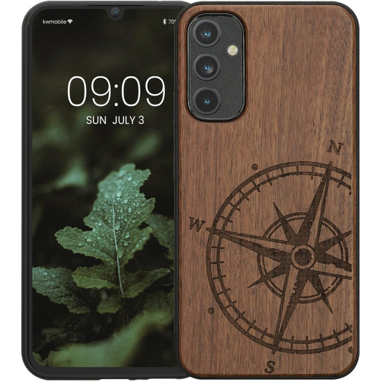 KWmobile Σκληρή Ξύλινη Θήκη με TPU Bumper - Samsung Galaxy A34 - Walnut / Navigational Compass (60813.01)