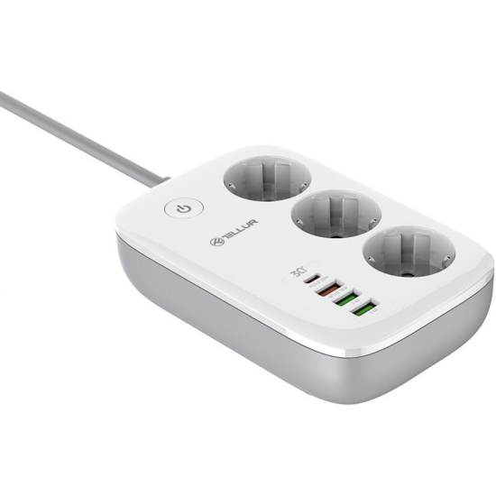 Tellur Wi-Fi Smart Power Strip - Wi-Fi Πολύπριζο με 3 x Υποδοχές Schuko 2500W με Διακόπτη & Καλώδιο 200cm - 3 x USB-A / 1 x Type-C 30W - White (TLL331521)
