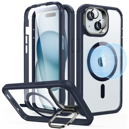 ESR Armor Tough with Stash Stand HaloLock - Ανθεκτική 360° Διάφανη MagSafe Θήκη με Kickstand & Tempered Glass για Φακό Κάμερας - Apple iPhone 15 Plus - Clear / Dark Blue (4894240176627)