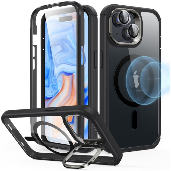 ESR Armor Tough with Stash Stand HaloLock - Ανθεκτική 360° Διάφανη MagSafe Θήκη με Kickstand & Tempered Glass για Φακό Κάμερας - Apple iPhone 15 - Clear / Black (4894240176597)