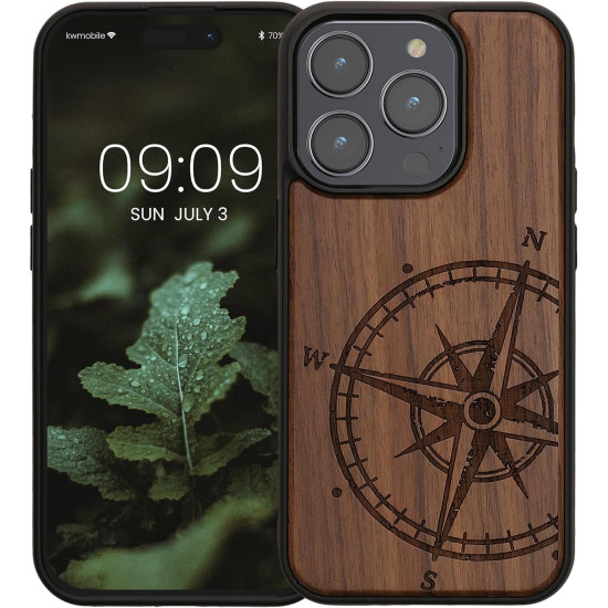 KWmobile Σκληρή Ξύλινη Θήκη με TPU Bumper - Apple iPhone 15 Pro - Walnut / Navigational Compass (62013.01)