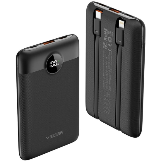 Veger PowerBank C11 με Ψηφιακή Οθόνη LED - Φορητή Μπαταρία Φόρτισης με Ενσωματωμένα Καλώδια 1 x Type-C / 1 x Lightning και Θύρα 1 x USB-A - 10000mAh - 22.5W - Black (W1170)