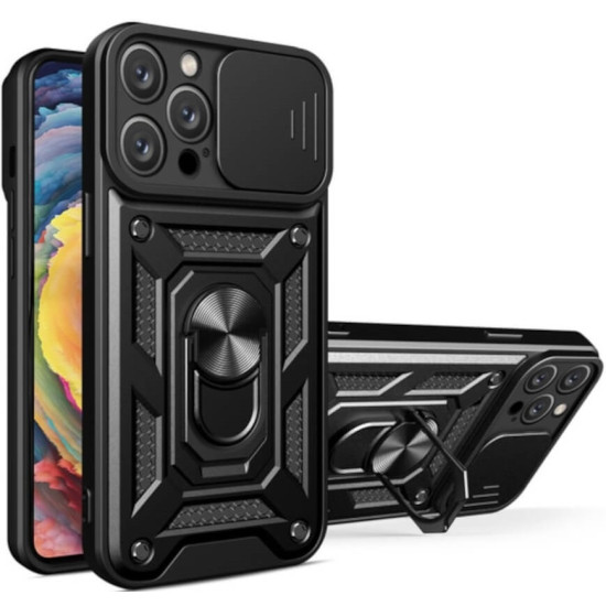 Θήκη Apple iPhone 15 Pro Max - Bodycell Armor Slide Ανθεκτική με Κάλυμμα για την Κάμερα & Μεταλλικό Ring Holder - Black (5206015072567)
