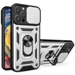 Θήκη Apple iPhone 15 Pro Max - Bodycell Armor Slide Ανθεκτική με Κάλυμμα για την Κάμερα & Μεταλλικό Ring Holder - Silver (5206015072581)