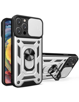 Θήκη Apple iPhone 15 Pro Max - Bodycell Armor Slide Ανθεκτική με Κάλυμμα για την Κάμερα & Μεταλλικό Ring Holder - Silver (5206015072581)