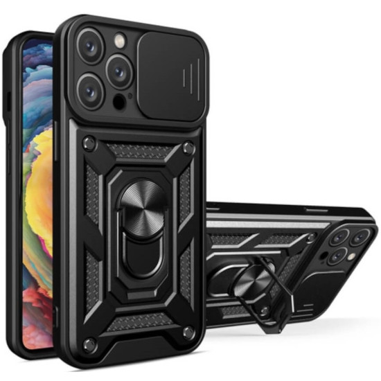Bodycell Armor Slide - Ανθεκτική Θήκη Apple iPhone 15 Pro με Κάλυμμα για την Κάμερα & Μεταλλικό Ring Holder - Black (5206015072536)