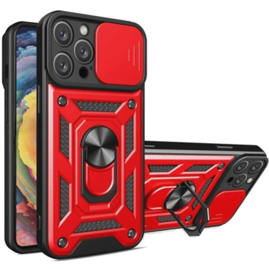 Bodycell Armor Slide - Ανθεκτική Θήκη Apple iPhone 15 Pro με Κάλυμμα για την Κάμερα & Μεταλλικό Ring Holder - Red (5206015072543)