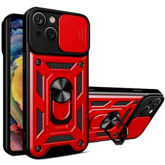 Bodycell Armor Slide - Ανθεκτική Θήκη Apple iPhone 15 Plus με Κάλυμμα για την Κάμερα & Μεταλλικό Ring Holder - Red (5206015072420)