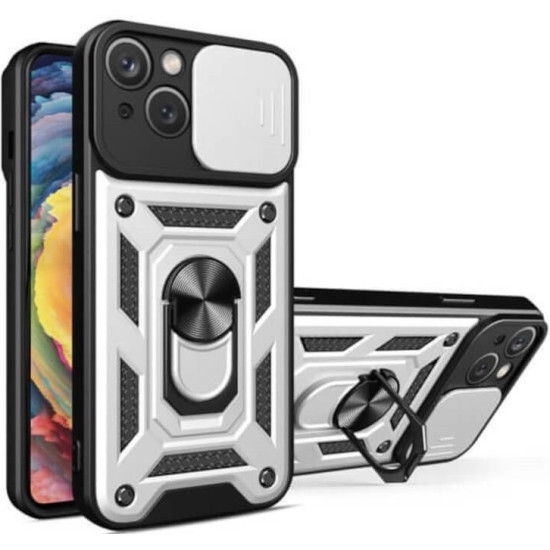 Bodycell Armor Slide - Ανθεκτική Θήκη Apple iPhone 15 Plus με Κάλυμμα για την Κάμερα & Μεταλλικό Ring Holder - Silver (5206015072437)