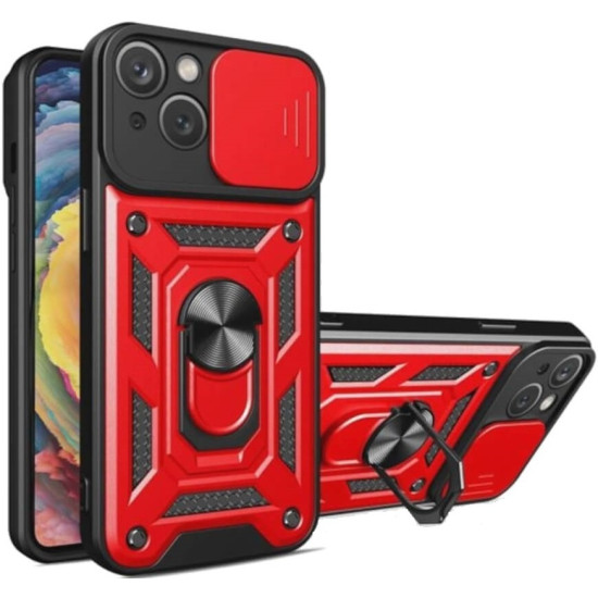 Bodycell Armor Slide - Ανθεκτική Θήκη Apple iPhone 15 με Κάλυμμα για την Κάμερα & Μεταλλικό Ring Holder - Red (5206015017148)
