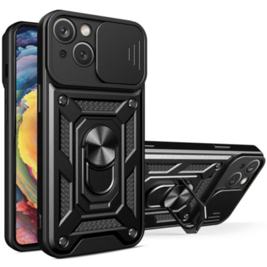 Bodycell Armor Slide - Ανθεκτική Θήκη Apple iPhone 15 με Κάλυμμα για την Κάμερα & Μεταλλικό Ring Holder - Black (5206015015991)