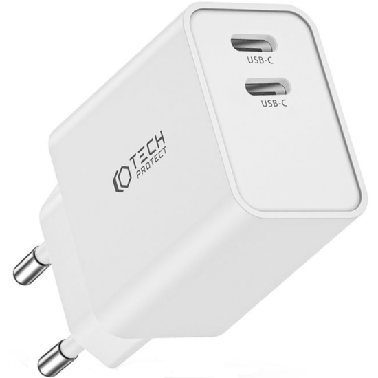 Tech-Protect C35W - Ταχυφορτιστής Ταξιδιού / Αντάπτορας με 2 x Type-C - 35W - White (9490713936078)