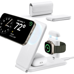 ESR HaloLock 3-in-1 Travel Wireless Charging Set - Σετ Αναδιπλούμενη Φορητή Μαγνητική Βάση Ασύρματης Φόρτισης MagSafe για Apple iPhone / AirPods / Αποσπώμενο Μαγνητικό Φορτιστή Type-C για Apple Watch & Θήκη Μεταφοράς - 7.5W - White (4894240189207)