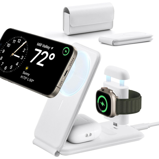 ESR HaloLock 3-in-1 Travel Wireless Charging Set - Σετ Αναδιπλούμενη Φορητή Μαγνητική Βάση Ασύρματης Φόρτισης MagSafe για Apple iPhone / AirPods / Αποσπώμενο Μαγνητικό Φορτιστή Type-C για Apple Watch & Θήκη Μεταφοράς - 7.5W - White (4894240189207)