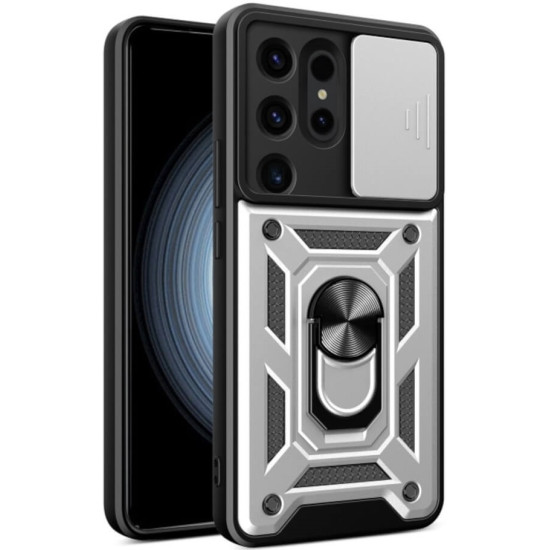 Ανθεκτική Θήκη με Κάλυμμα για την Κάμερα & Μεταλλικό Ring Holder - Samsung Galaxy S24 Ultra - Bodycell Armor Slide - Silver (5206015072734)